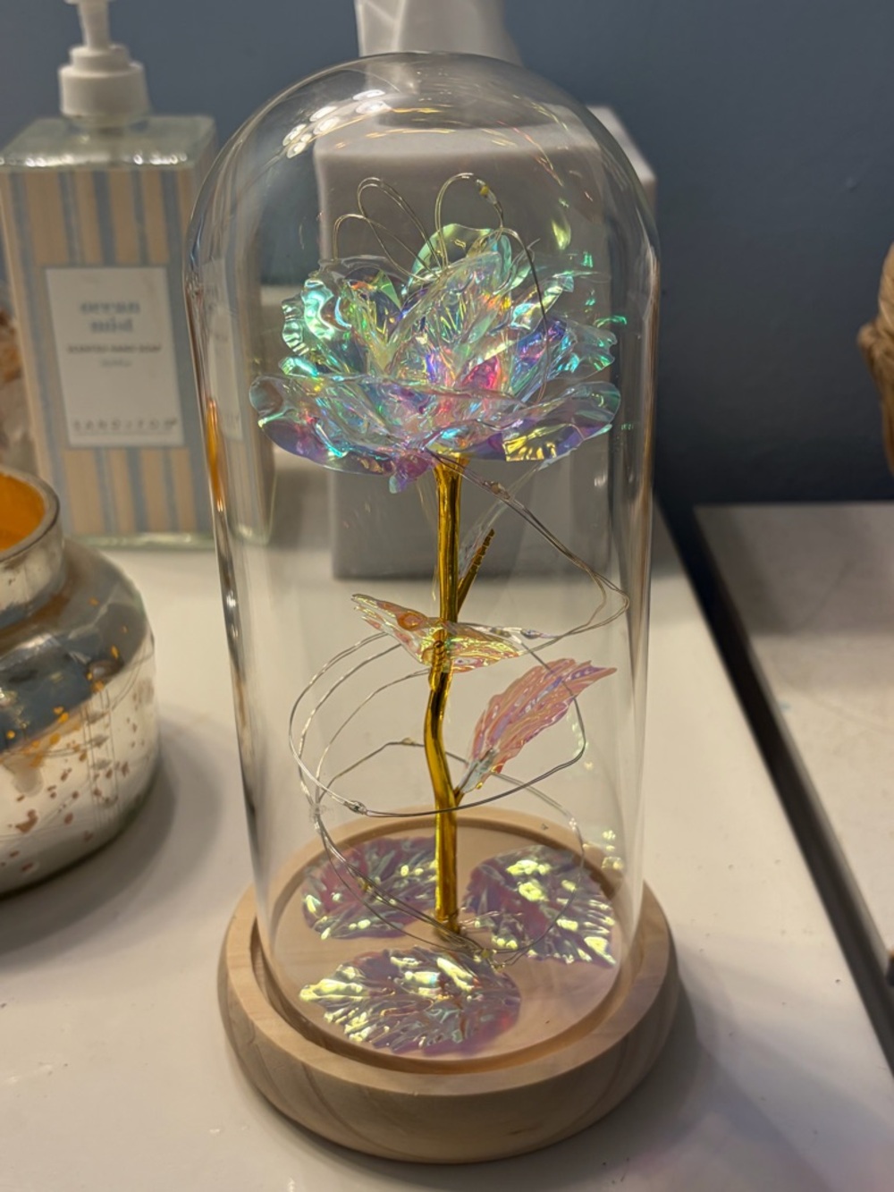 Iridescent Rose in Glass Dome with Lights